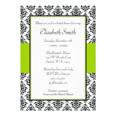 Black and Lime Green Damask Bridal Shower Personalized Invitations
