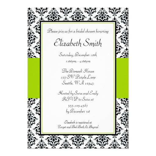 Black and Lime Green Damask Bridal Shower Personalized Invitations