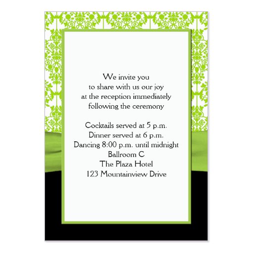 Black and Lime Green Damask Enclosure Card Business Cards (back side)