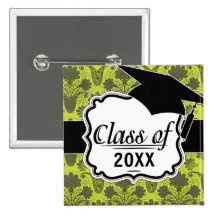 black and lime green damask graduation pinback buttons