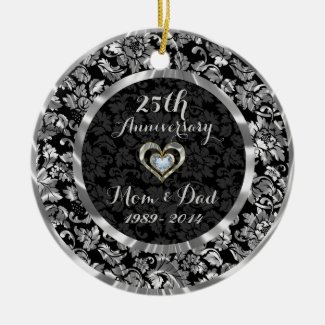Black And Metallic Silver 25th Wedding Anniversary Double-Sided Ceramic Round Christmas Ornament