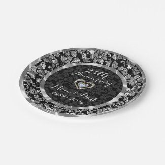 Black And Metallic Silver 25th Wedding Anniversary 7 Inch Paper Plate