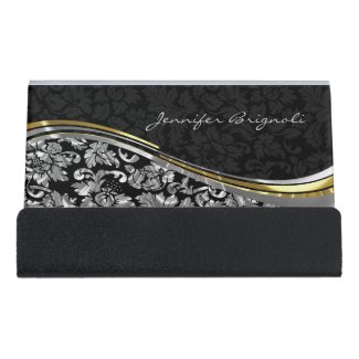 Black And Metallic Silver Damask Desk Business Card Holder