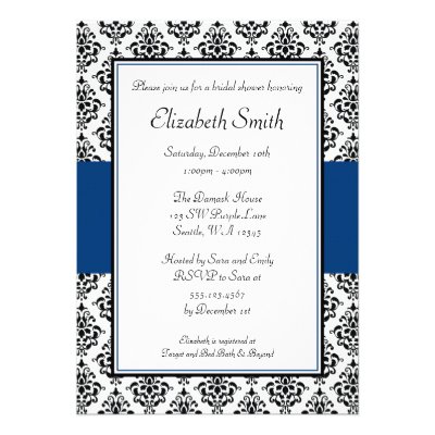 Black and Navy Blue Damask Bridal Shower Custom Announcement