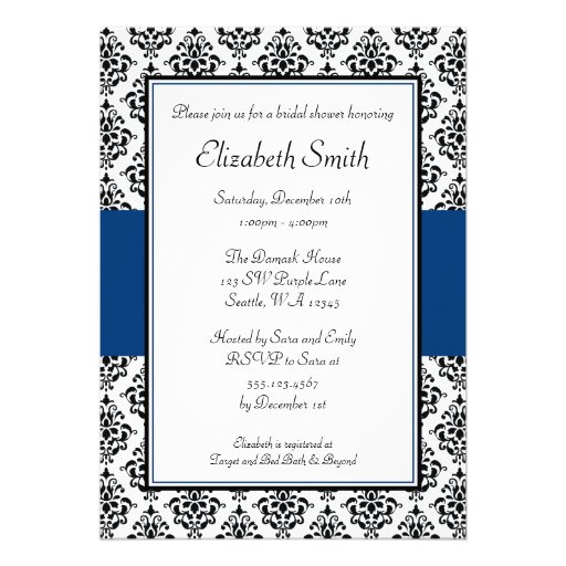 Black and Navy Blue Damask Bridal Shower Custom Announcement