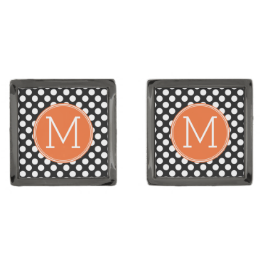 Black and Orange Polka Dots with Custom Monogram Gunmetal Finish Cufflinks Black and Orange Polka Dots with Custom Monogram Gunmetal Finish Cufflinks