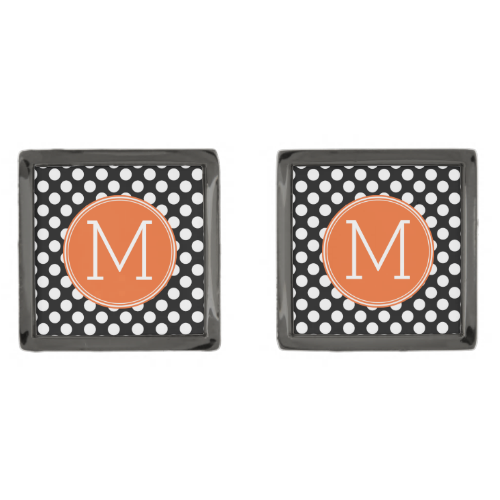 Black and Orange Polka Dots with Custom Monogram Gunmetal Finish Cufflinks Black and Orange Polka Dots with Custom Monogram Gunmetal Finish Cufflinks
