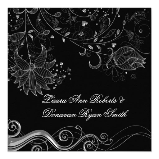 Black and Ornate Silver Floral Swirls Post Wedding Announcement