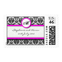Black and Pink Damask Monogram Wedding Stamp