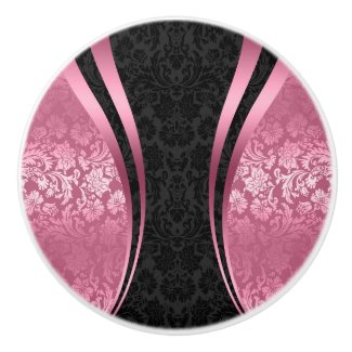 Black And Pink Floral Damasks Ceramic Knob