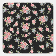 Black and Pink Floral Rose pattern Square Stickers