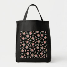 Black and Pink Floral Rose pattern Tote Bags