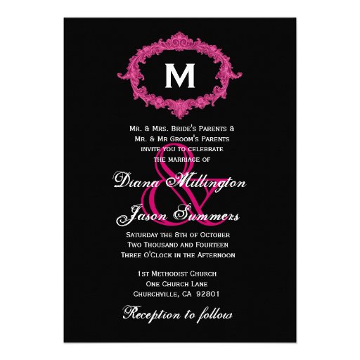 Black and Pink Vintage Frame Monogram Wedding Personalized Invitations