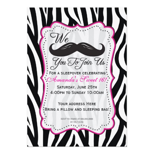 Black and Pink Zebra Mustache Sleepover Party Announcements