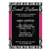 Black and Pink Zebra Pattern Sweet 16 Birthday Personalized Invites