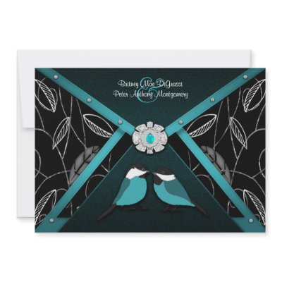 Black and Pool Blue Love Birds Wedding Invitations by natureprints