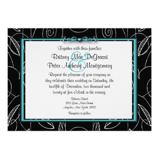 Black and Pool Blue Love Birds Wedding Invitations