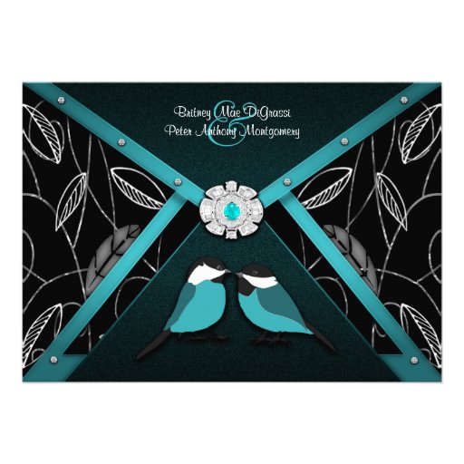 Black and Pool Blue Love Birds Wedding Invitations (front side)