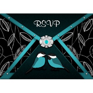 Black and Pool Blue Love Birds Wedding RSVP Cards invitation