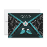 Black and Pool Blue Love Birds Wedding RSVP Cards Invitations