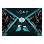 Black and Pool Blue Love Birds Wedding RSVP Cards Invitations