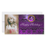 BLACK AND PURPLE DAMASK Amethyst Monogram Personalized Photo Card