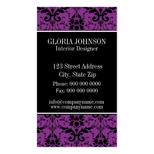 Black and Purple Damask Monogram Business Card (back side)
