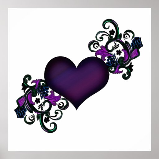 Black And Purple Heart With Floral Swirl Edges Poster 