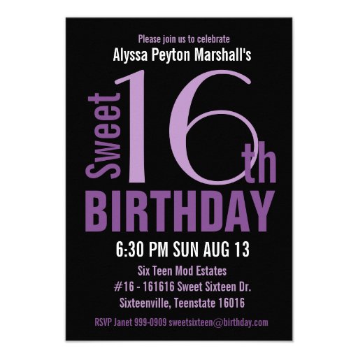 Black and Purple Modern Text Sweet 16th Party Personalized Invite (front side)