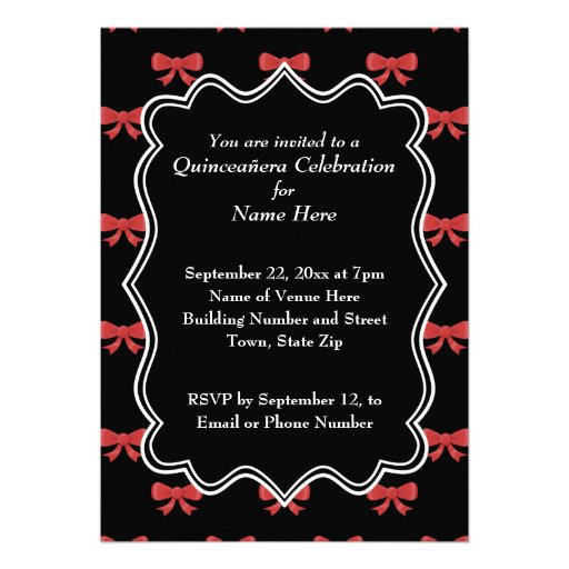 Black and Red Bows Pattern Print Quinceanera Custom Invite