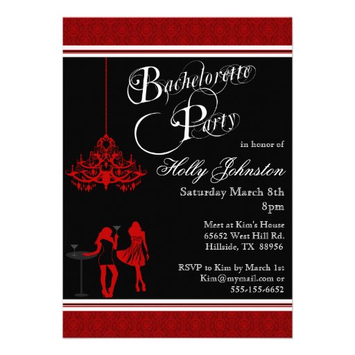 Black and Red Damask Chandelier Bachelorette Party Personalized Announcements