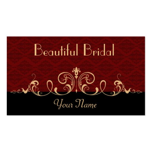 Black and Red Damask Gold Scroll Business Card (front side)