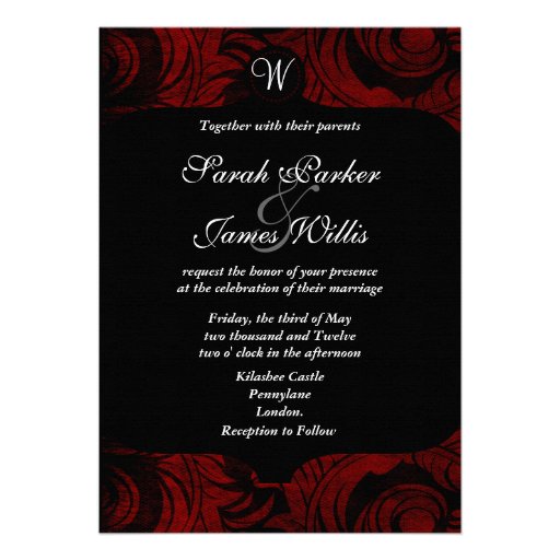 Black and red damask Invitation with monogram