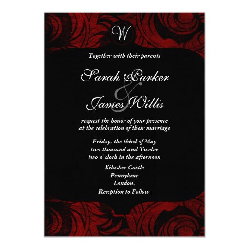 Black and red damask Invitation with monogram Zazzle