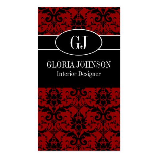 Black and Red Damask Monogram Business Card (front side)
