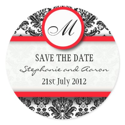 Black and Red Damask Monogram Wedding Sticker