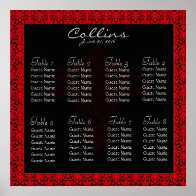 Black and Red Damask Seating Chart Poster