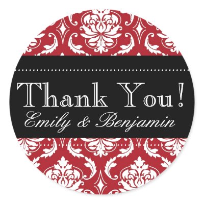 Black and Red Damask Wedding Thank You Stickers