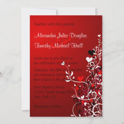 This wedding invitation has a light to dark red shaded background with 
