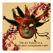 BLACK AND RED JESTER MASK , Masquerade Party Gold Announcements