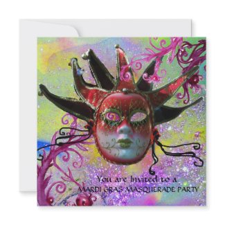 BLACK AND RED JESTER MASK , Masquerade Party invitation