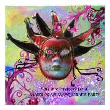BLACK AND RED JESTER MASK , Masquerade Party Personalized Invitation