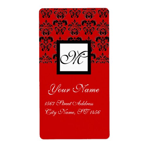 BLACK AND RED SQUARE DAMASK MONOGRAM, PERSONALIZED SHIPPING LABEL