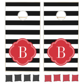 Black and Red Stripes Monogram Cornhole Sets