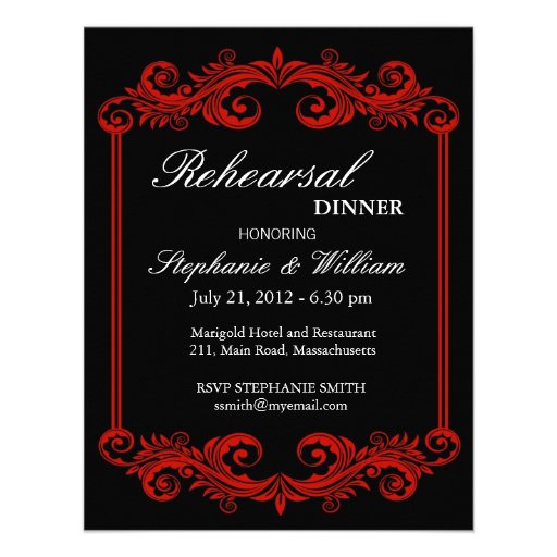 Black and Red Swirl Rehearsal Dinner Invitation (front side)