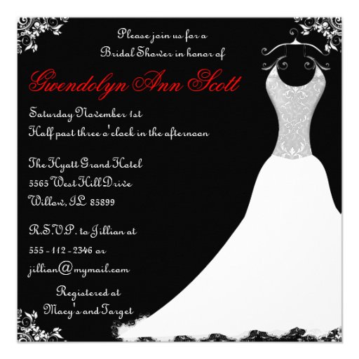 Black and Red Wedding Gown Bridal Shower Invites