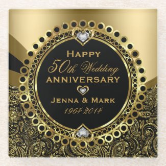 Black And Shiny Gold 50th Wedding Anniversary Glass Coaster