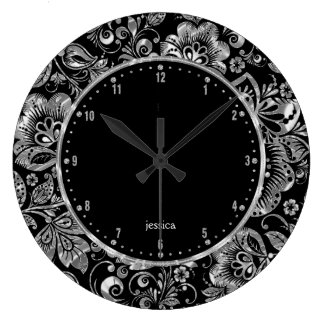 Black And Shiny Silver Floral Damasks Wall Clock