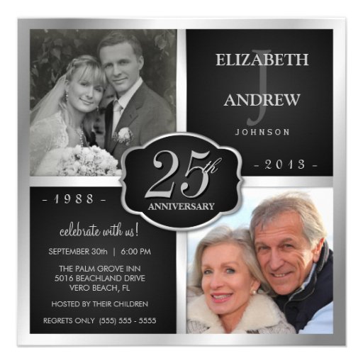 Black and Silver 25th Wedding Anniversary Invitations (front side)