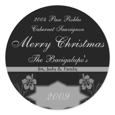 Black and Silver Christmas Wine LARGE Labels Round Stickers by jbranam